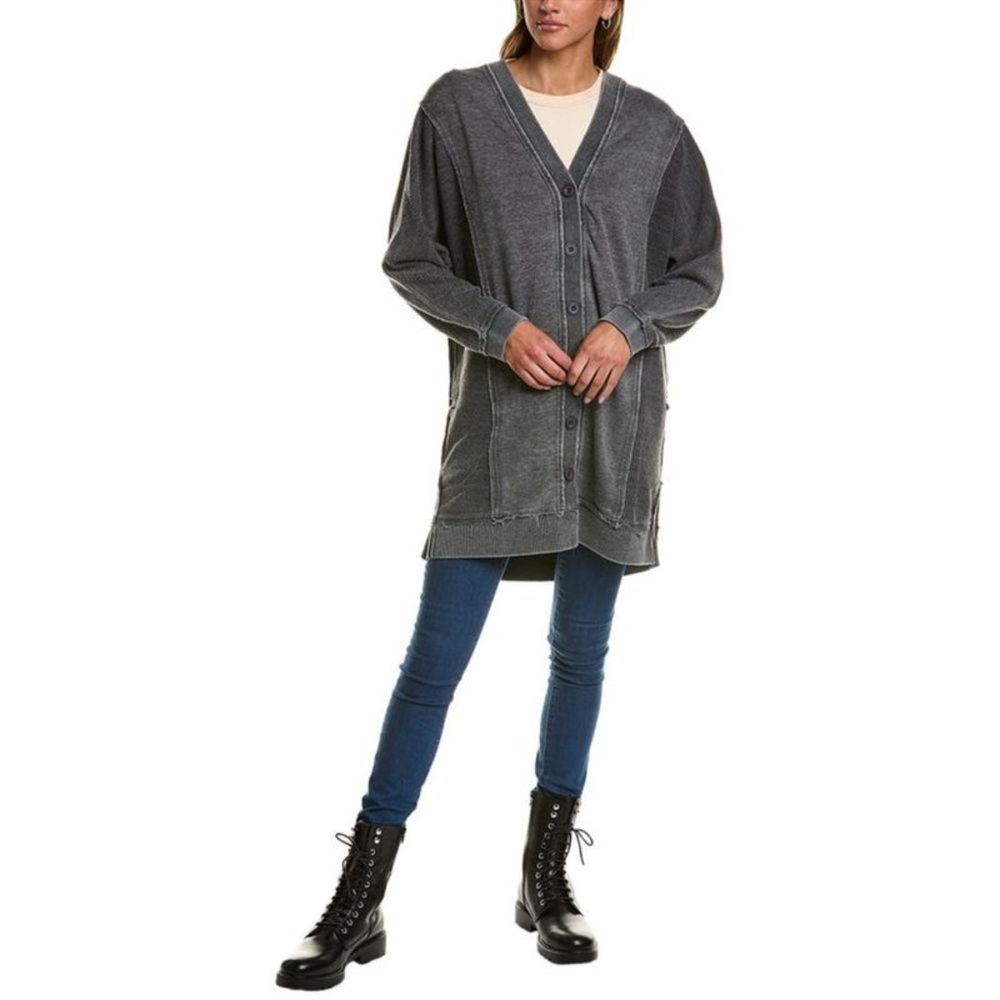 Vintage Havana Womens Washed Corded Terry Long Cardigan Grey Size Medium